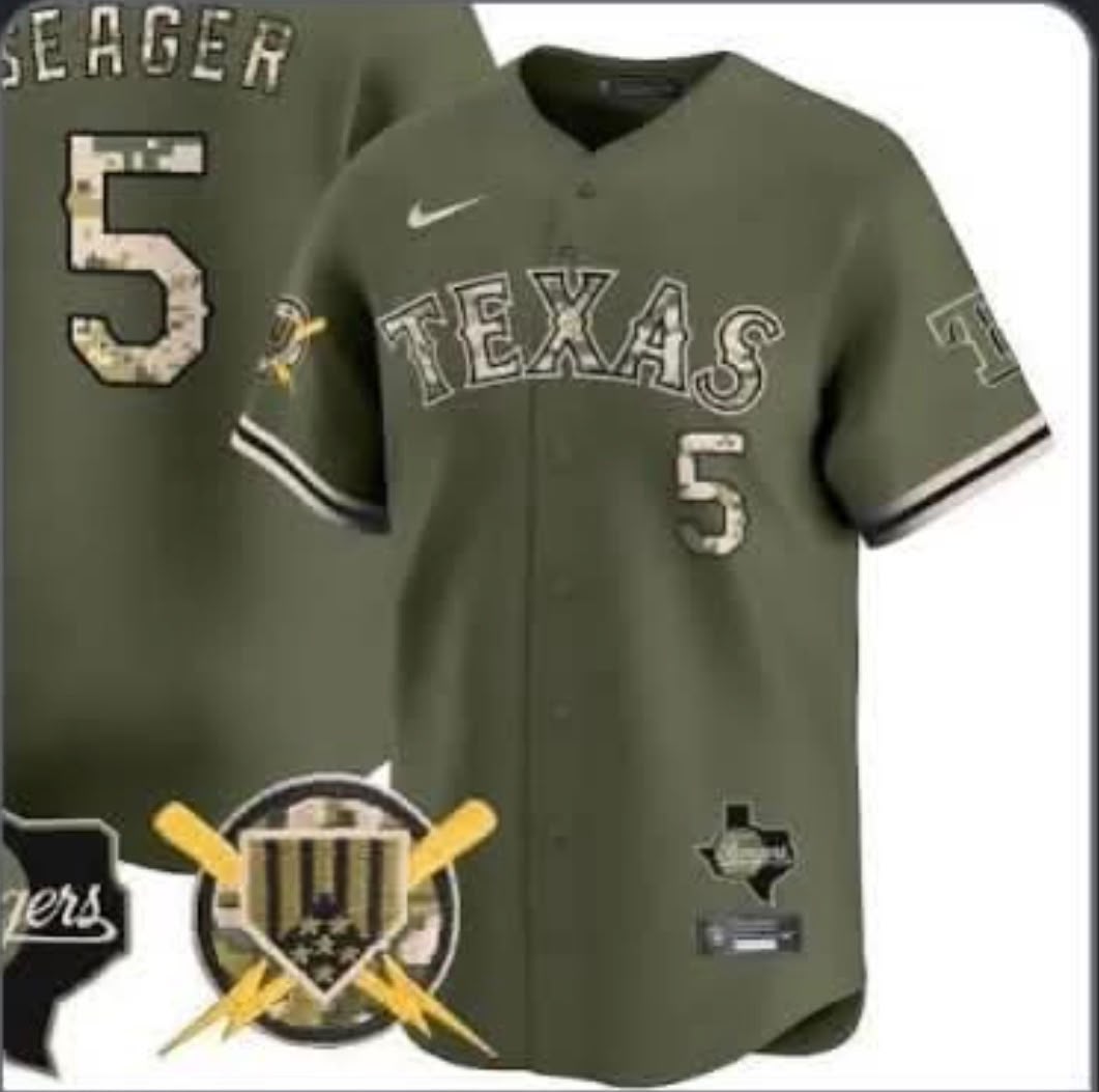 TEXAS RANGERS COREY SEAGER GREEN MILITARY JERSEY