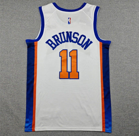 Jalen Brunson White With Blue Side Panels New York Knicks Jersey