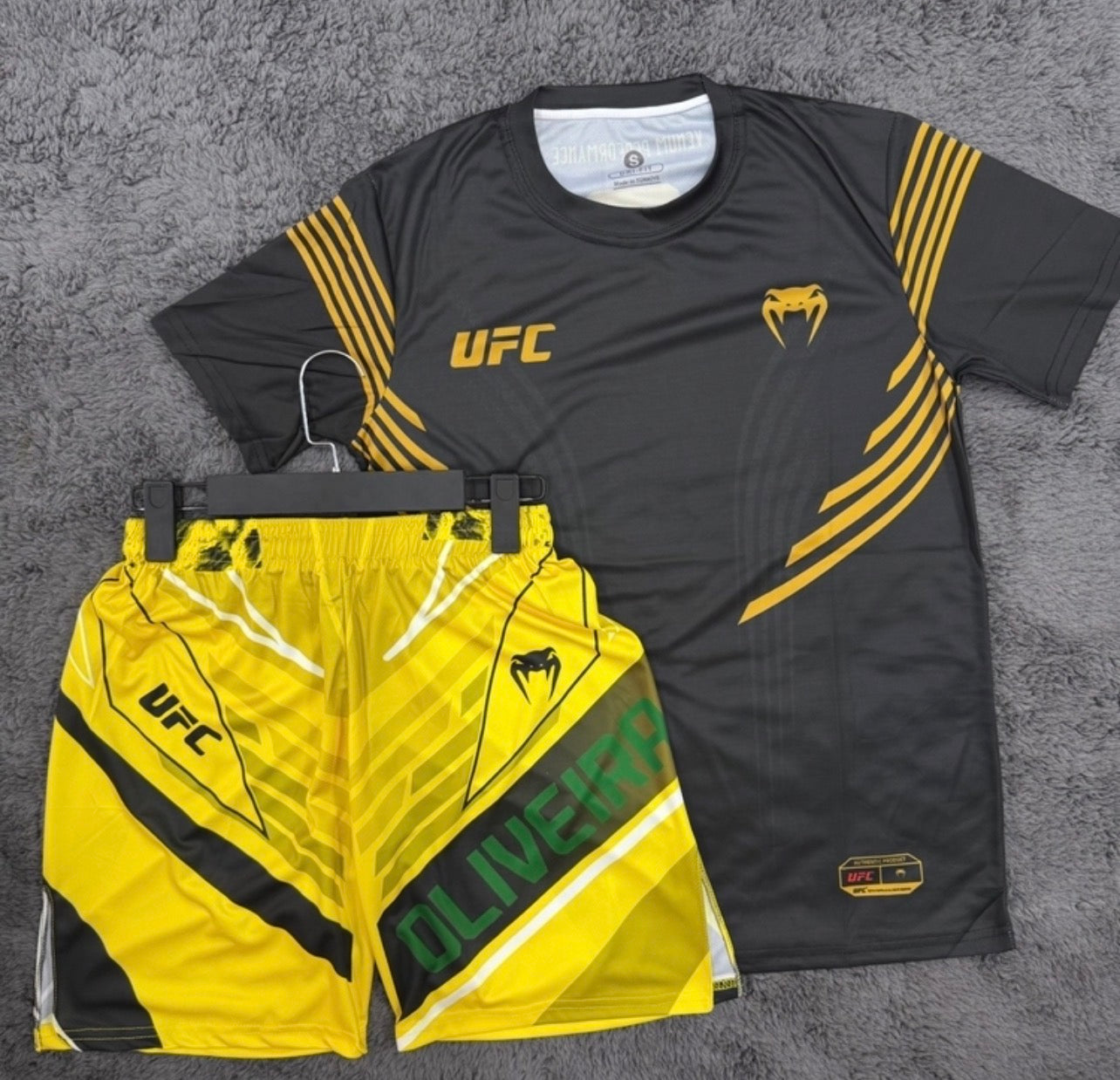 CHARLES OLIVEIRA BLACK SHIRT AND YELLOW SHORTS COMBO