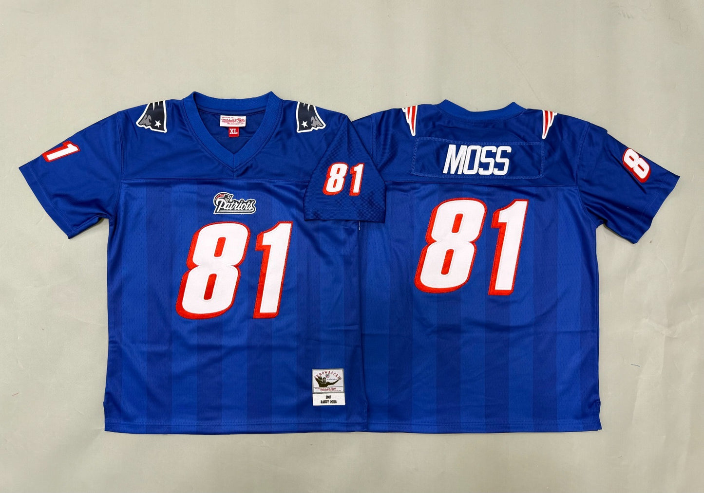 NEW ENGLAND PATRIOTS RANDY MOSS RETRO BLUE VINTAGE JERSEY