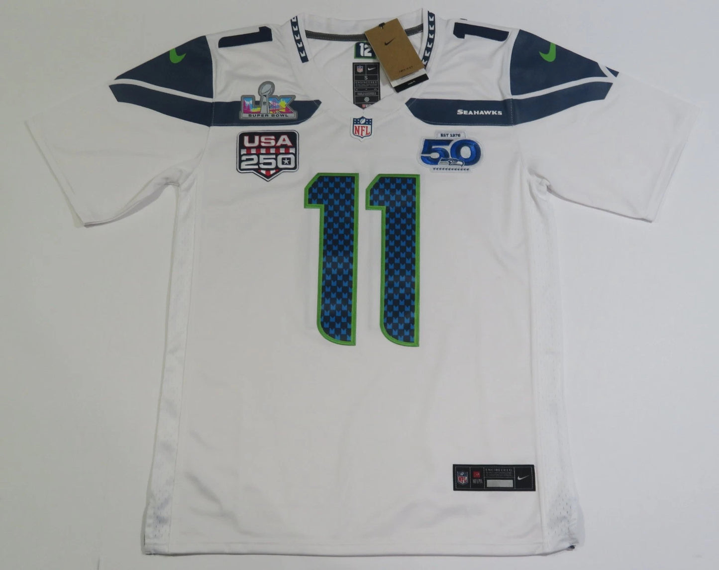 SEATTLE SEAHAWKS JAXSON SMITH-NJIGBA WHITE SUPERBOWL JERSEY